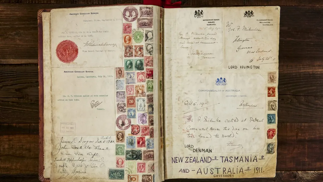 Album spread detailing Mikulec's travels in New Zealand, Tasmania and Australia