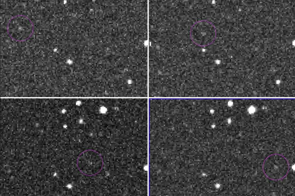 Four quadrants with purple circle identifying the asteroid