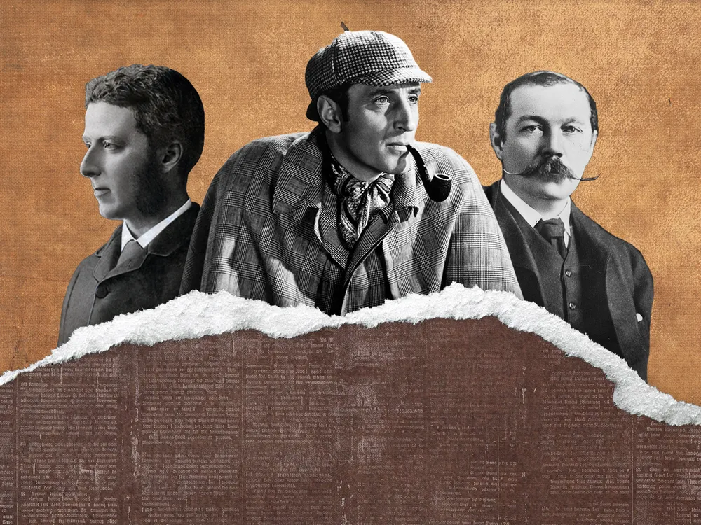 An illustration of Joseph Bell, Sherlock Holmes and Arthur Conan Doyle