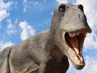 A fuzzy Tyrannosaurus roars across the Utah desert at Moab Giants.