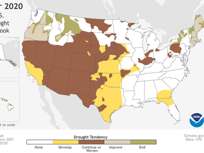 The National Oceanic and Atmospheric Administration's U.S. Drought Outlook map for November 2020 through January 2021. Brown represents the areas where drought is expected to continue or worsen.
