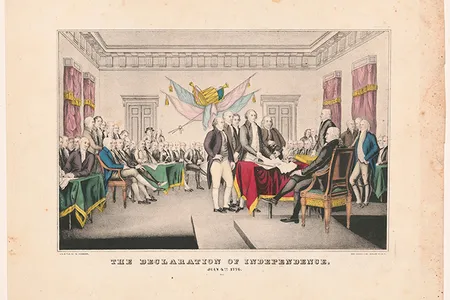 A lithograph by Nathaniel Currier, printed between 1835 and 1856, depicting the signing of the Declaration of Independence, is on display in the new exhibition.