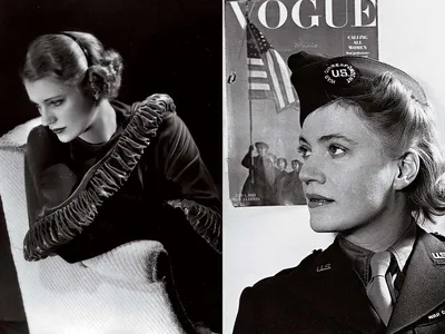 Left, a 1932 self-portrait by Lee Miller. Right, a 1943 portrait of Miller by American photojournalist David Scherman.