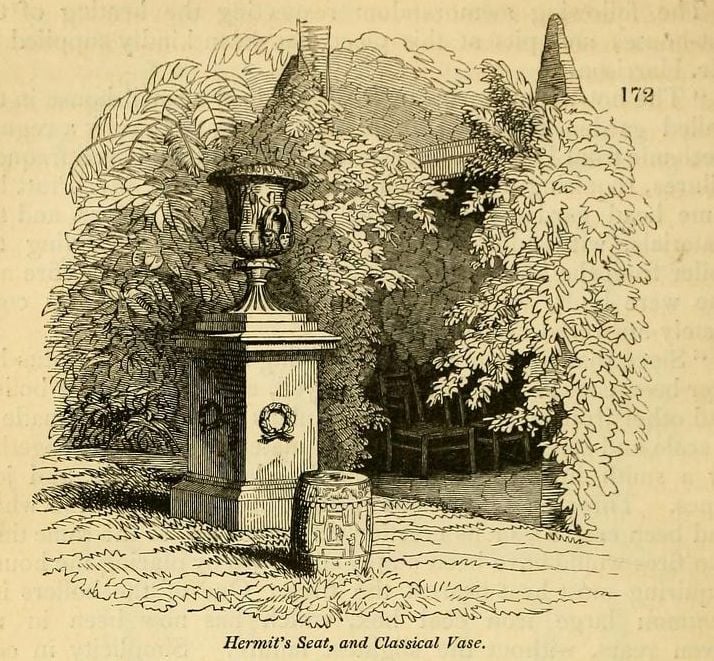 An illustration of a hermit's seat and classical vase in a hermitage