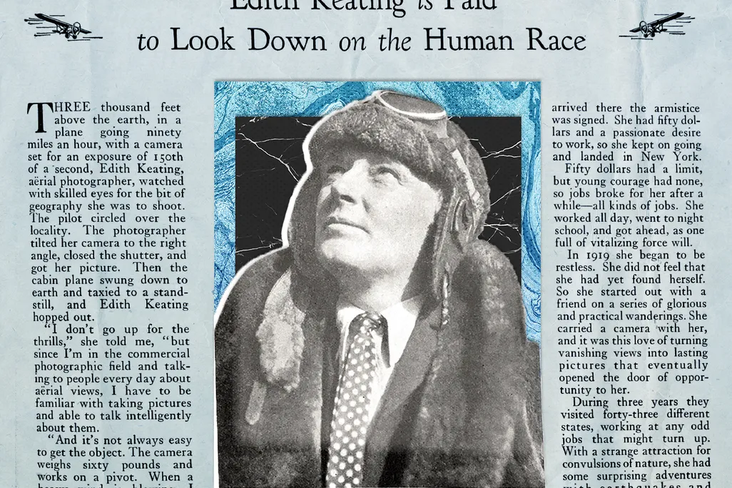 Photo illustration of Edith Keating in an aviator's cap and goggles