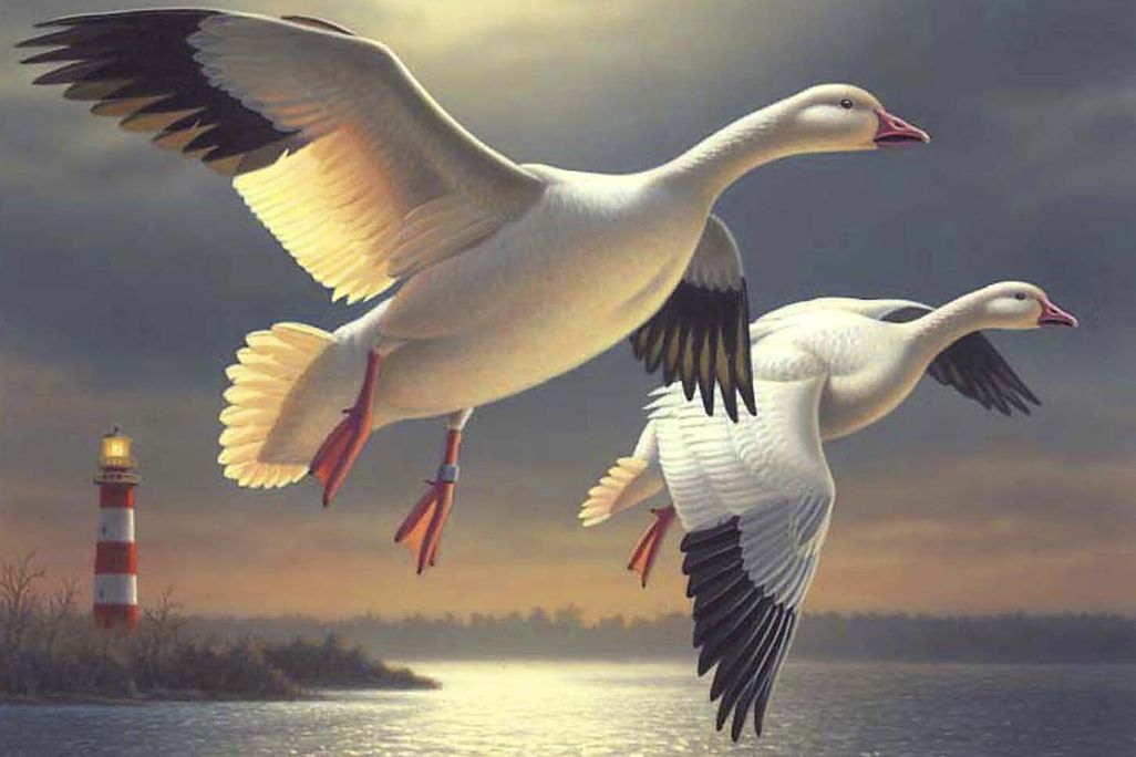 Painting of two large white birds with black win tips flying over water with a lighthouse in the background