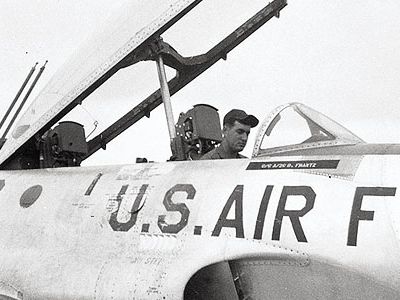 Airman George Johnson (in a T-33 in late 1955) spent hundreds of hours maintaining Sabrejets and much less time flying one.