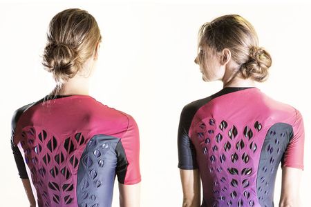 This workout shirt has vents that start closed (left) but open when the wearer begins to sweat (right).