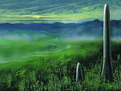 An illustration of Prototaxites in the early Devonian landscape, roughly 400 million years ago.