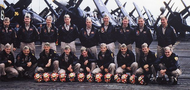 The squadron pilots pose on Valley Forge in July 1952