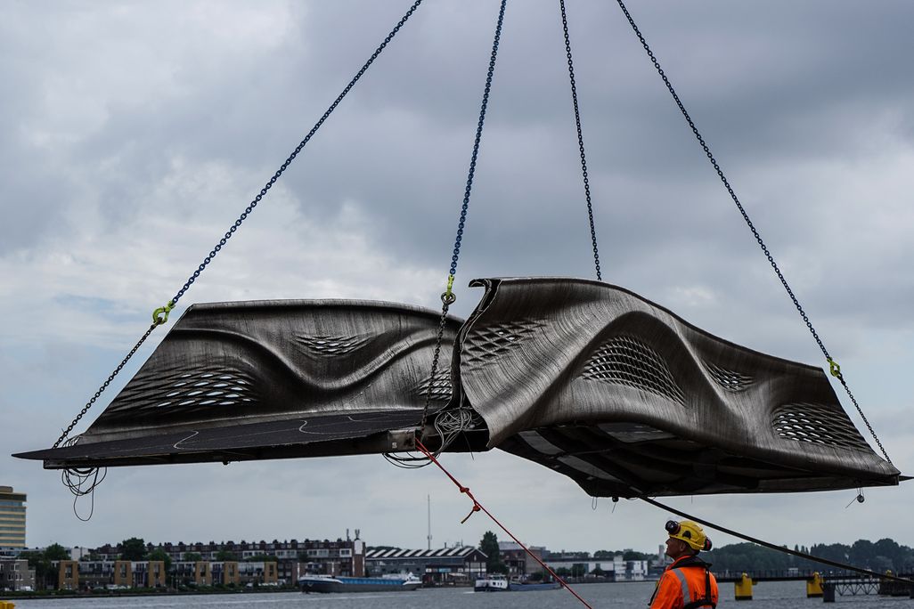View of the bridge being lowered into place
