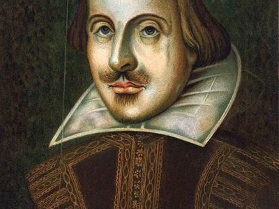 An oil painting dated 1609 that is the portrait engraved by Martin Droeshout for the First Folio edition of Shakespeare's plays published in 1623. 