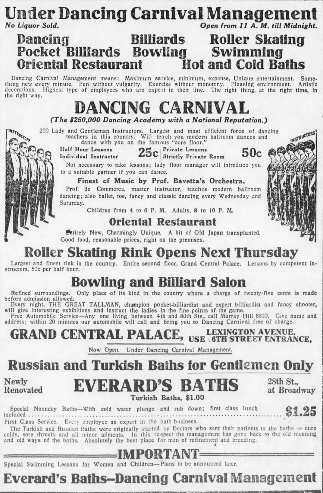 A 1915 newspaper advertisement for the Everard Baths