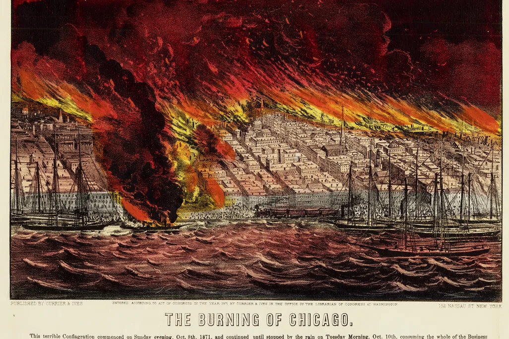 An etching of THE BURNING OF CHICAGO, showing a lakefront scene with boats and bright red, orange and yellow flames ravaging the city