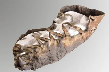 The shoe still has a piece of flax or linen attached, which may have once served as a shoelace.