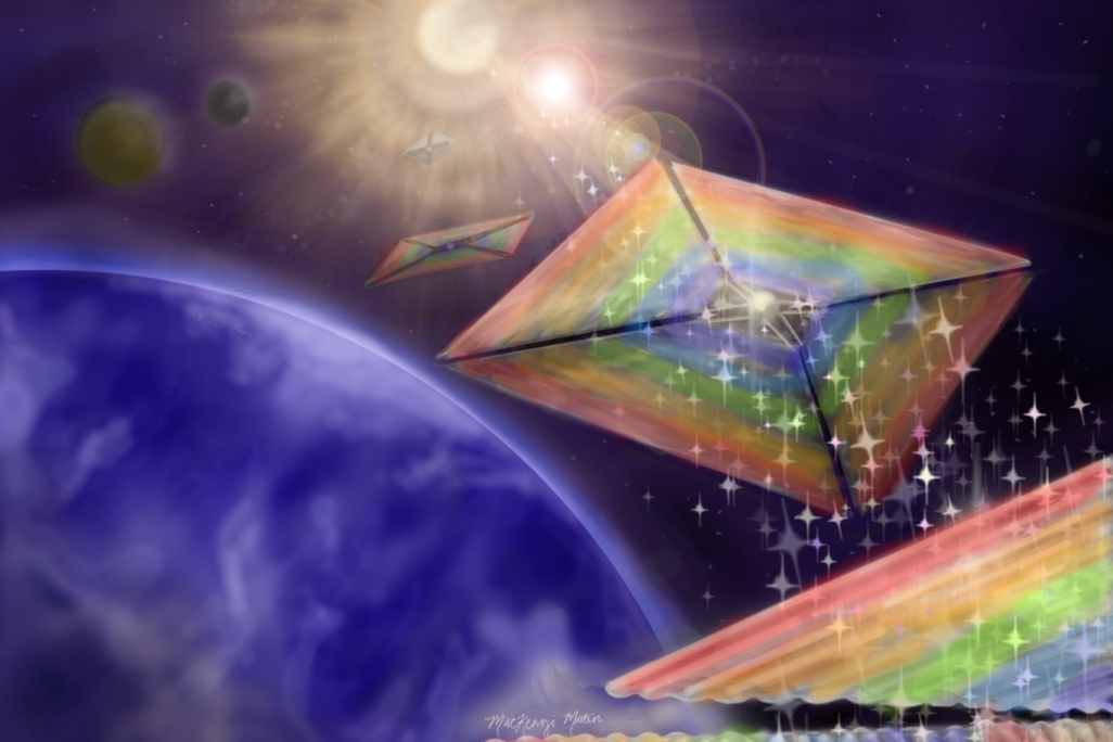 An artist representation of how a diffractive solar sail may look in space. The sail looks like a rainbow kite.