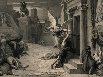 An engraving by Levasseur after Jules-Elie Delaunay depicts the angel of death at the door during the 165 A.D. plague in Rome.