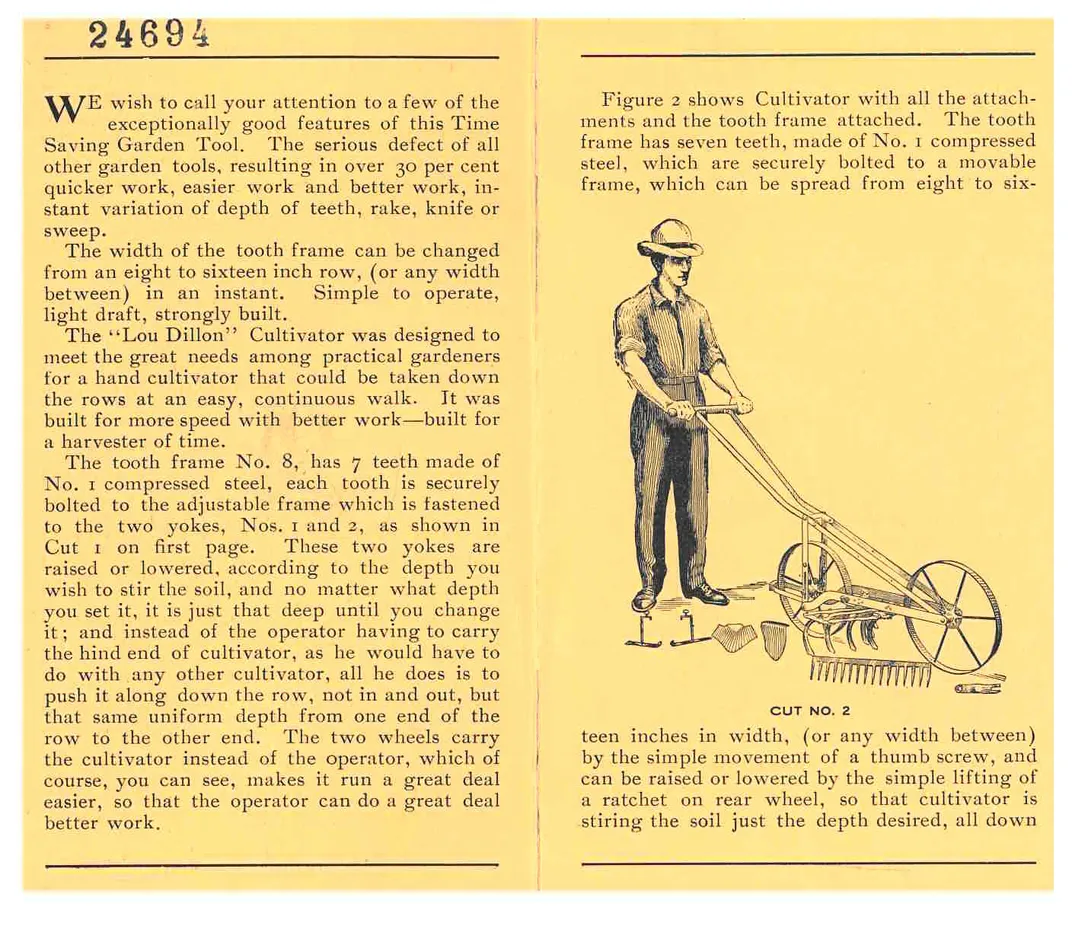Early 20th century trade literature. Page on left is descriptive text. Page on right includes illustration of man using garden cultivator.
