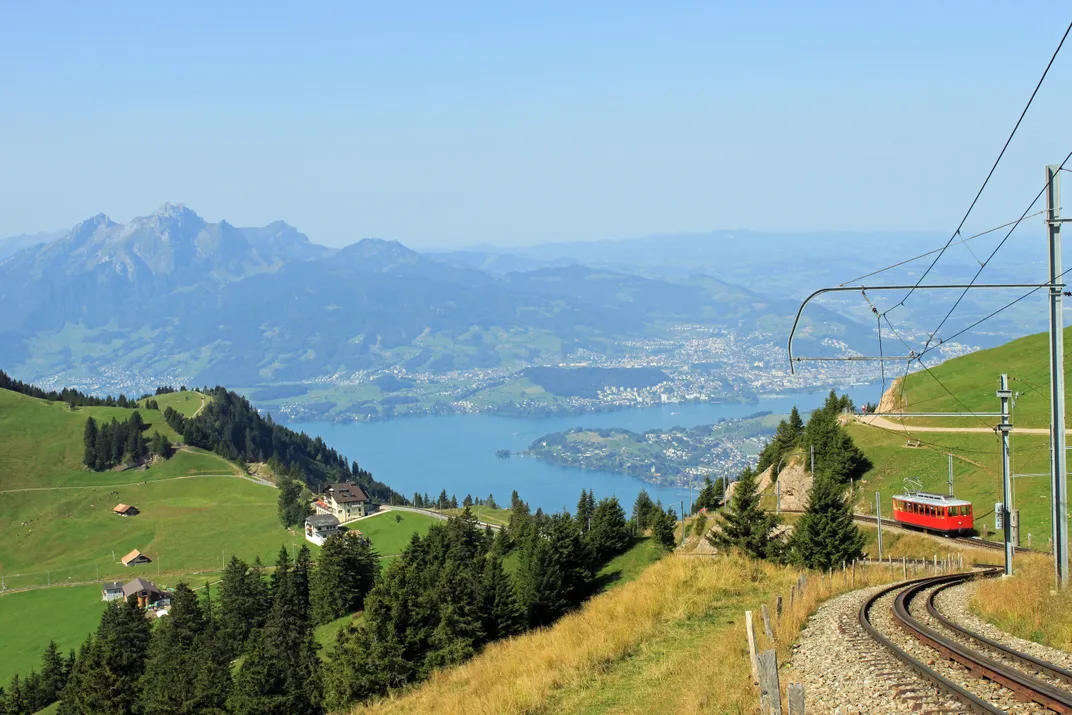 View of Lake Lucerne, the town of Lucerne, and Mt. Pilatus in the distance