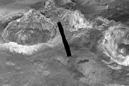 A 3D model of Venus' surface featuring two coronae, which are ring-shaped geological structures associated with volcanic activity. Venus' volcanoes were once thought to be dormant but new research found that at least 37 coronae, including one named Aramaiti which is on the left in this image, are active volcanoes. 