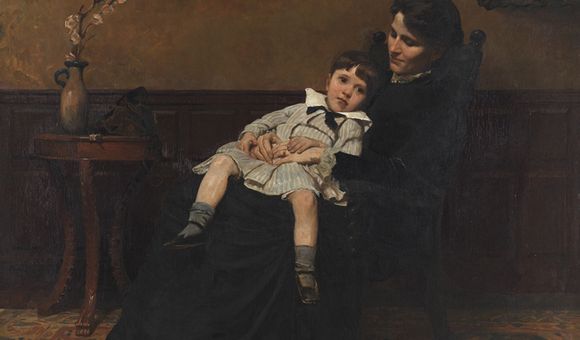 Oil painting in dark brown tones, featuring a woman sitting in a chair wearing a dark dress and holding a young boy in a sailor suit.