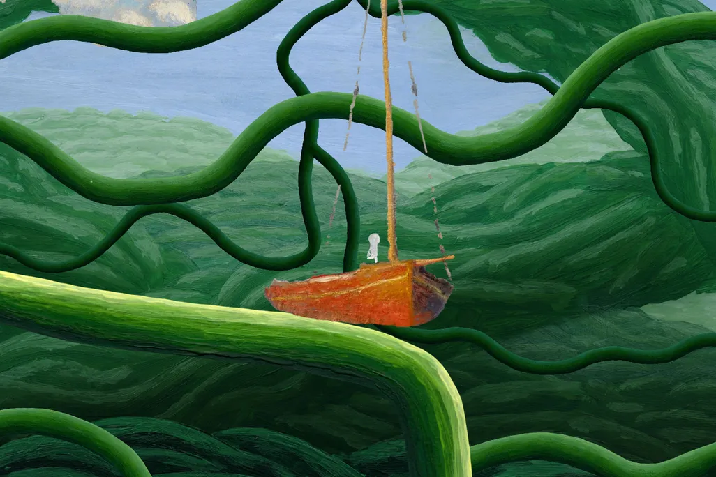 Green vines with white avatar and a brown boat