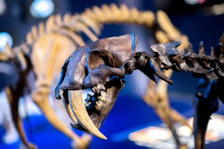 A model of the Smilodon fatalis skeleton (right) on display as part of a special exhibition in Sch&ouml;ningen, Germany, on April 12, 2017