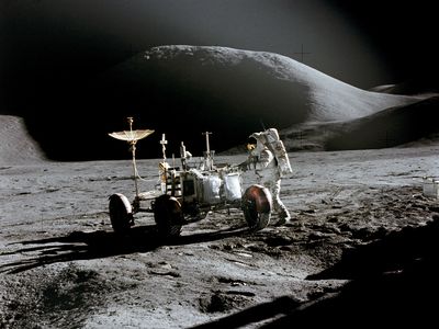 Apollo 15 astronaut Jim Irwin and the Lunar Roving Vehicle at the Hadley-Apennine landing site, July 31, 1971. “The first thing we noted…was that the front steering didn’t work,” said Dave Scott in the mission report. Rear steering was available, though.