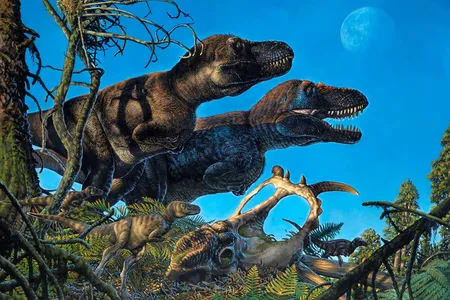 The tyrannosaur Nanuqsaurus, which lived in the Arctic, with its young. New evidence suggests dinosaurs nested in the cold, dark region.