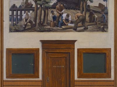 “Parks and Recreation” heroine Leslie Knope would love to see this mural study from an Indiana post office on her visit to DC. Clearing the Right of Way by Joe Cox, 1938.