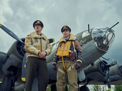 Callum Turner (left) as John &quot;Bucky&quot; Egan and Austin Butler (right) as Gale &quot;Buck&quot; Cleven in &quot;Masters of the Air&quot;