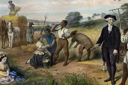 George Washington, shown here in an 1853 lithograph, oversees his slaves at Mount Vernon.