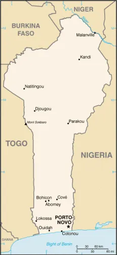 Dahomey–renamed Benin in 1975–showing its location in West Africa.