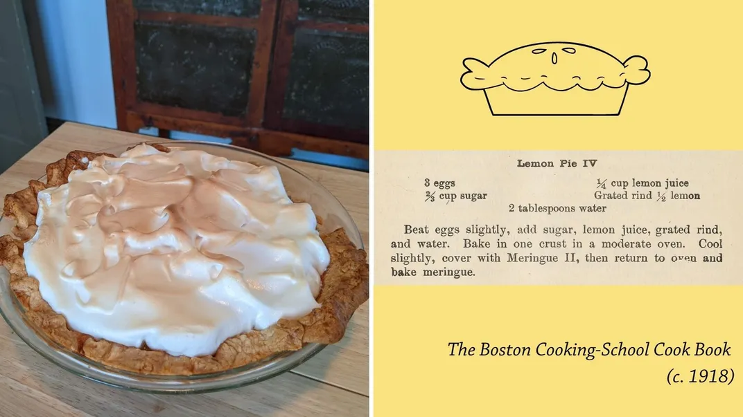 Graphic with photo of lemon meringue pie on left side. Right side is vintage lemon pie recipe.