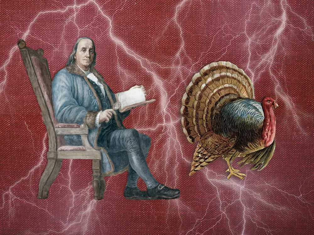 Illustration of Ben Franklin and a turkey in front of lightning