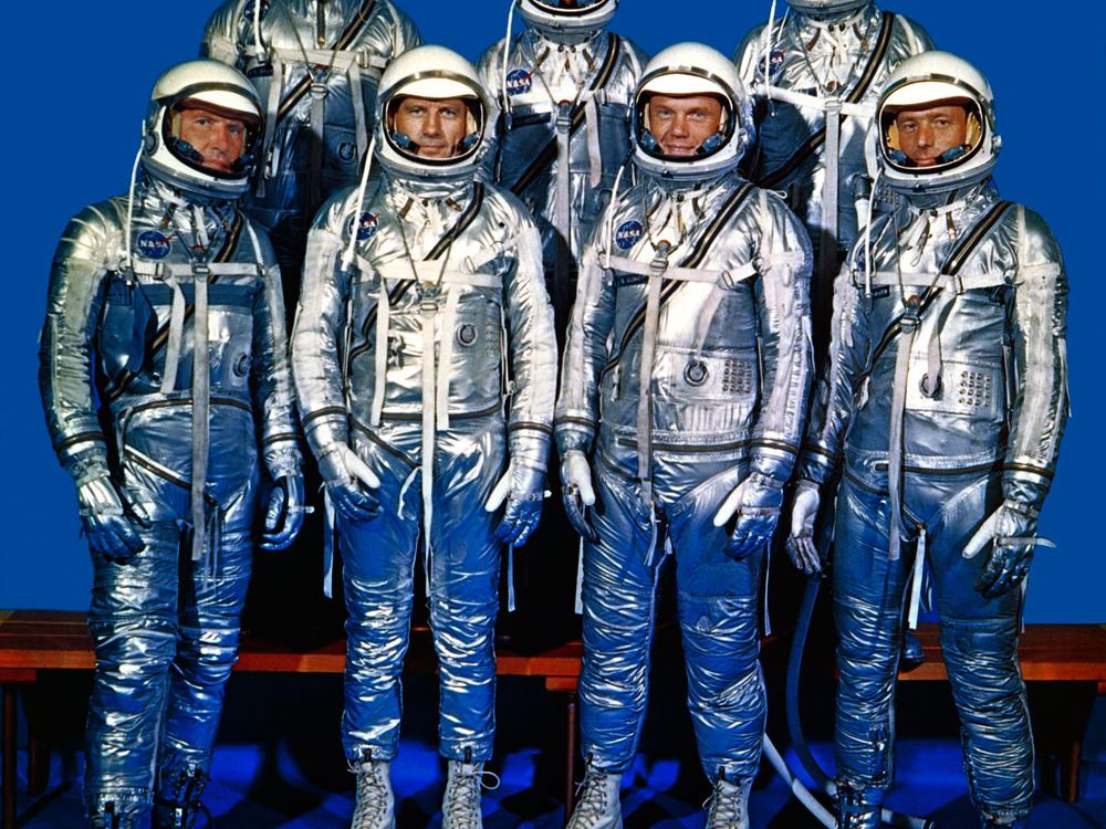 NASA's Project Mercury astronauts on April 9, 1959. Known as the Mercury Seven or Original Seven, they are (front row, left to right) Walter M.