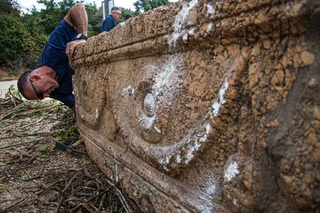 The design is similar to marble sarcophagi found in what is now Marmara, Turkey.