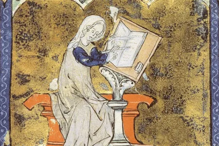 An illuminated manuscript illustration of Marie de France, a 12th-century poet