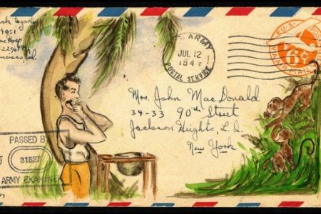 While stationed in the Pacific Theater in the 1940s, Jack Fogarty wrote letters to his best friend’s wife in Queens, NY, and illustrated the envelopes.