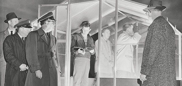 Kernersville North Carolina observers and Air Force reps inspect a post in 1958