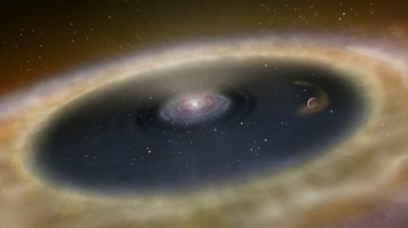 An artist's conception of the star LkCa 15 and the nearby protoplanet