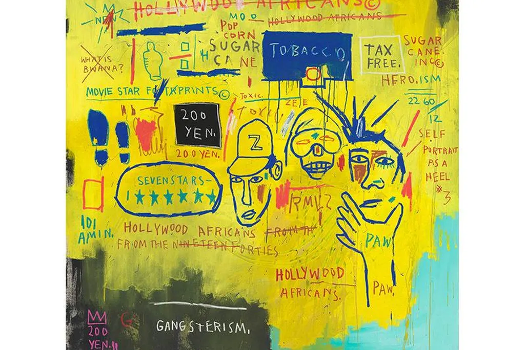 A large splash of yellow dominates the canvas, with handwritten phrases and drawings including three faces, the words HOLLYWOOD AFRICANS FROM THE [crossed-out] NINETEEN FORTIES, SUGAR CANE, TOBACCO, TAX FREE and other references