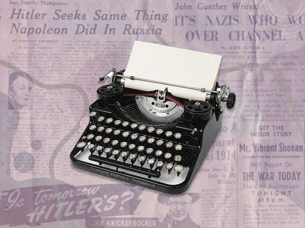 Typewriter against background of featured journalists' newspaper articles