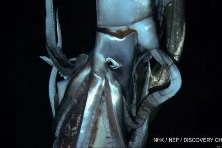 A screenshot of the first video of a giant squid in the wild. 