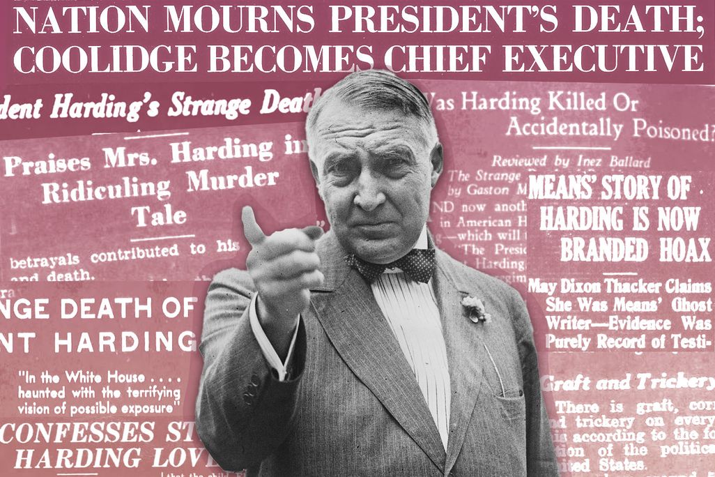 Illustration of Warren G. Harding pointing his finger, in front of newspaper headlines about his death