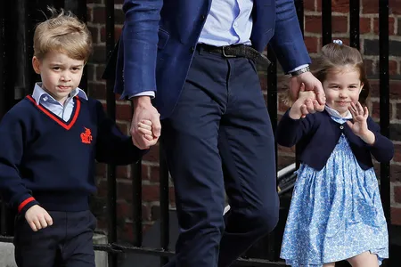 Prince George and Princess Charlotte arriving at the Lindo wing at St Mary's Hospital to welcome their new baby brother, who will be fifth in line to the British throne.