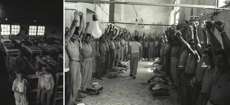 Black and white photos, “Physical Examination of Braceros” and “Braceros in Living Quarter”