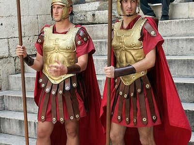 Two men reenact Roman military life in Split, Croatia.