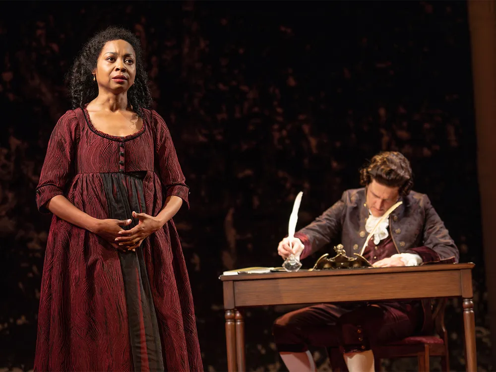 Sheria Irving and Gabriel Ebert in the New York premiere of Sally & Tom, written by Suzan-Lori Parks and directed by Steve H. Broadnax III, at the Public Theater