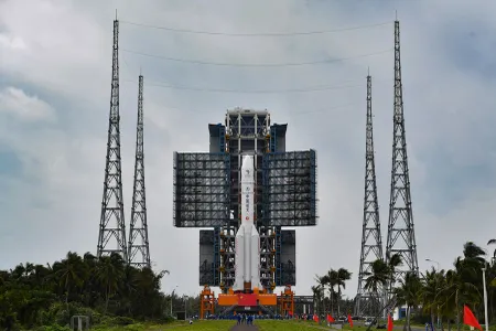 A Long March rocket sits ready on the pad at China's Wenchang spaceport to launch the country's next moon lander.